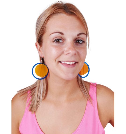 Grote ronde oorbellen disco oranje met blauw