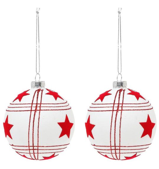 kerstbal wit met rode sterren per stuk 8cm