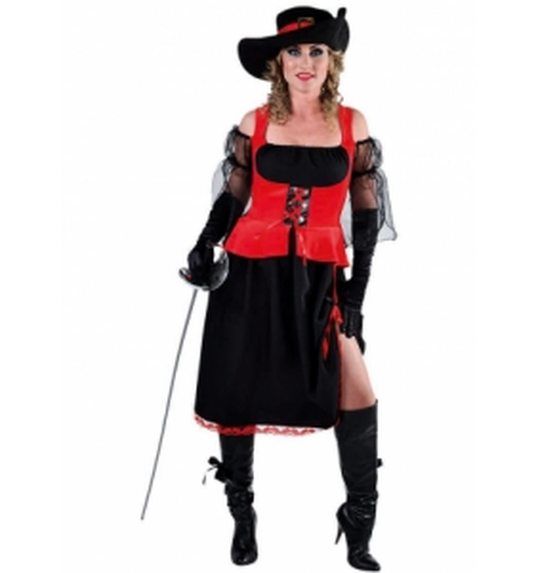 Dames piraat musketier kostuum zwart met rode gilet
