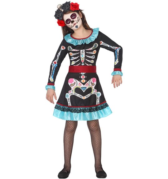 Day of the dead meisje skelet verkleed jurk voor halloween